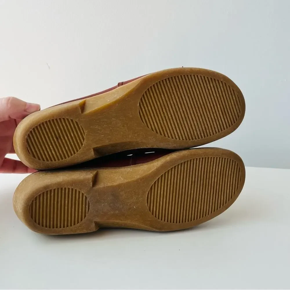 Vintage Red Brown Leather Fringe Moccasins Laced Wedge Rubber Sole Comfortable